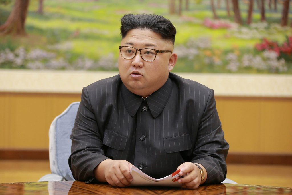 North Korean leader Kim Jong Un participates in a meeting with the Presidium of the Political Bureau of the Central Commit...